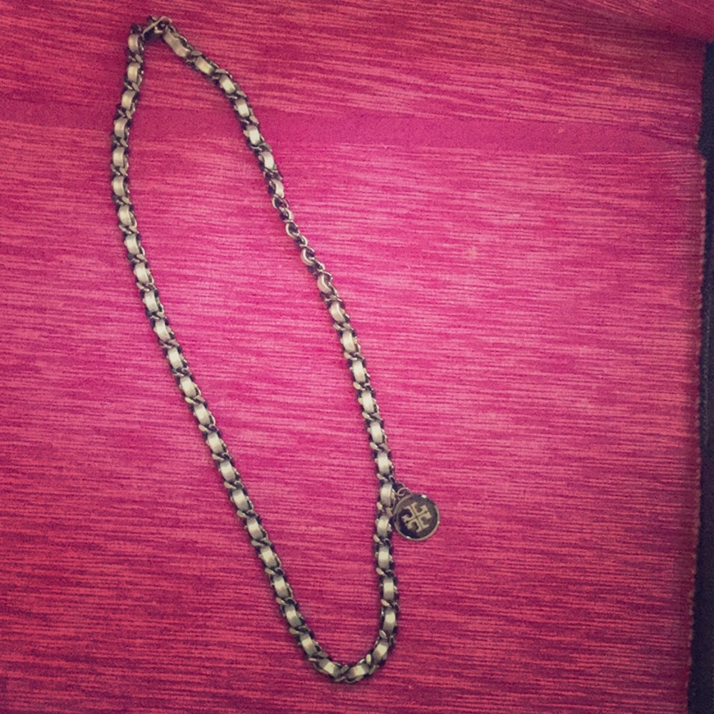 Tory Burch leather and metal logo tag necklace
